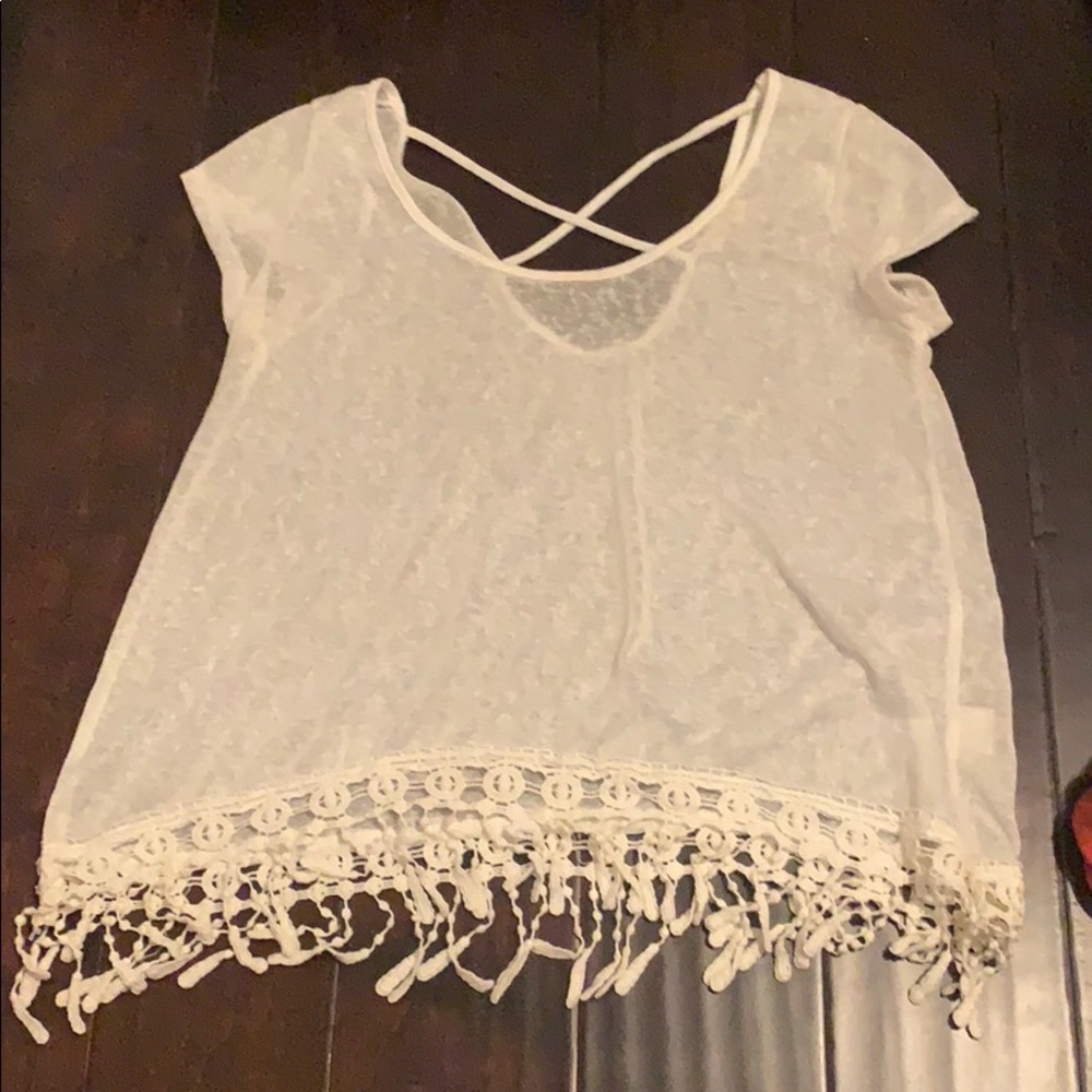 White sheer fringe top